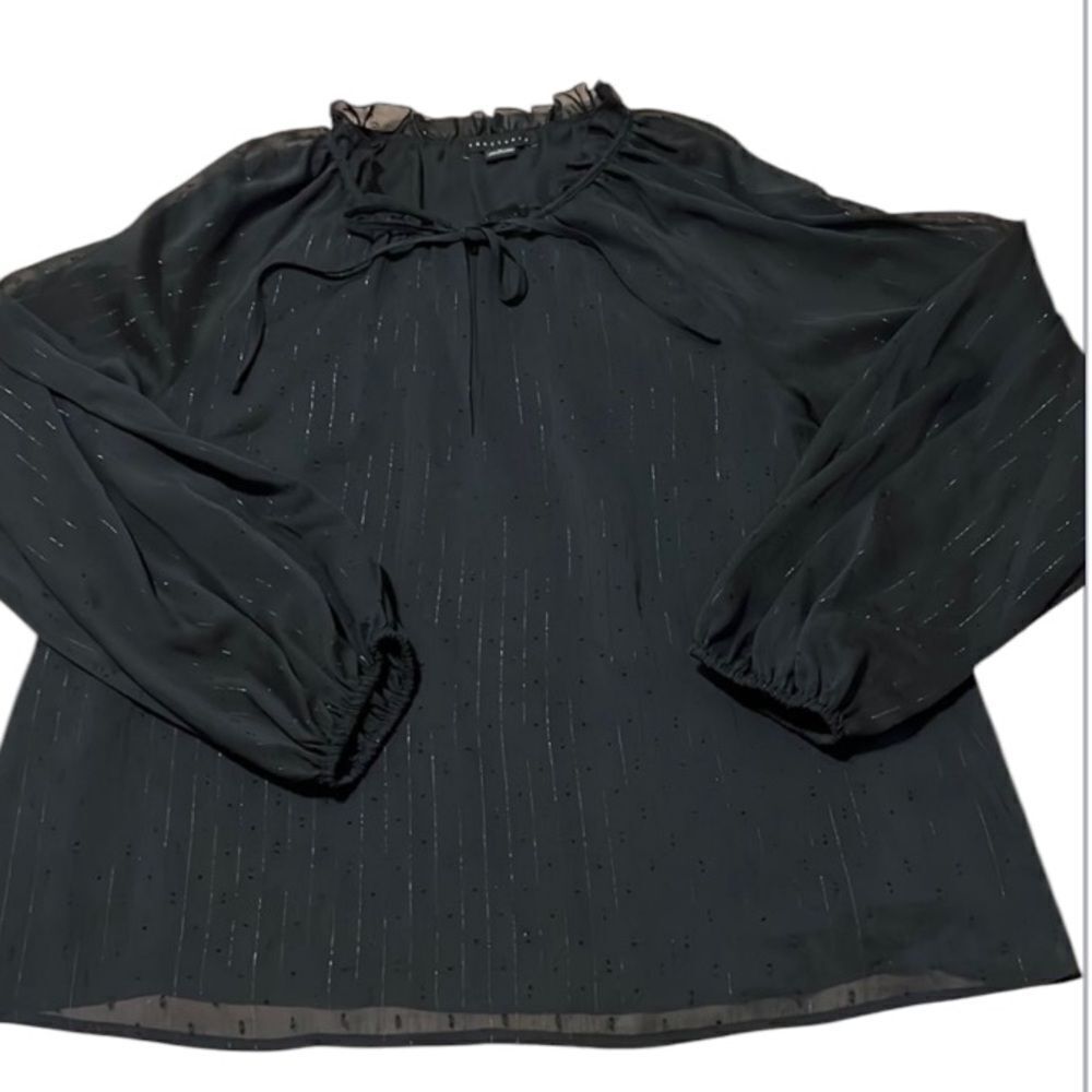 Sanctuary szXL black sheer LS blouse ties at neck Swiss dots/silver threads EUC